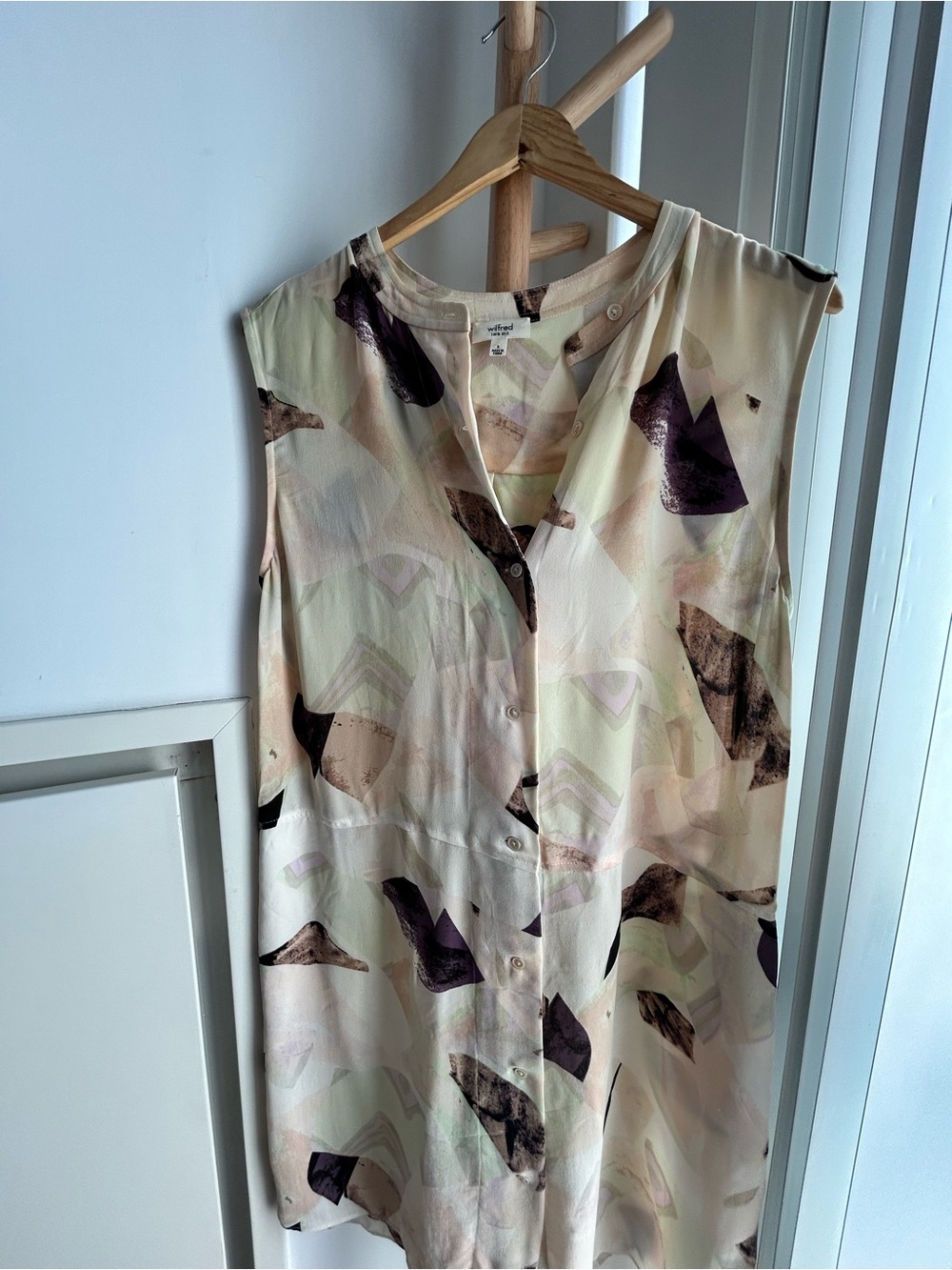 Wilfred cream silk sleeveless midi dress with purple abstract accents